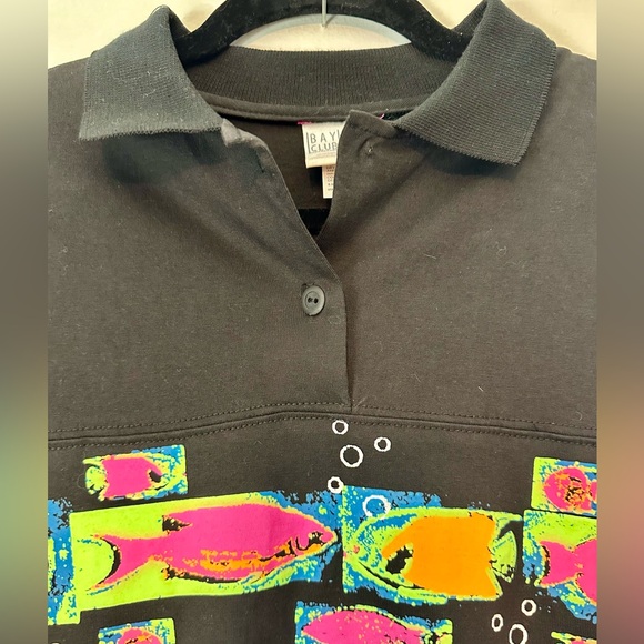 90s Bay Club Unisex Neon Pink/Black Collared Pullover SweatShirt, Tropical Fish - Picture 3 of 4